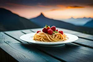 un plato de pasta con bayas y un montaña vista. generado por ai foto