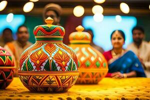 colorful vases on a table with people in the background. AI-Generated photo