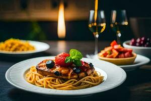 a plate of pasta with chicken and berries on a table. AI-Generated photo