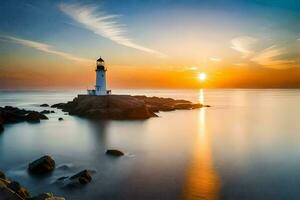 a lighthouse stands on the shore of a body of water at sunset. AI-Generated photo