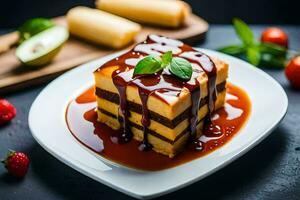 a piece of cake with sauce and strawberries. AI-Generated photo