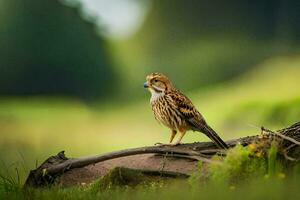 a bird is sitting on a branch in the grass. AI-Generated photo