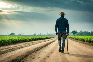 man walking on dirt road with cane in hand. AI-Generated photo