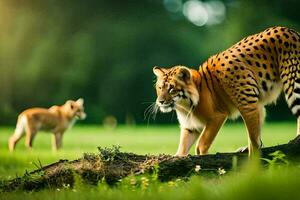 a tiger and its cubs walking through the grass. AI-Generated photo