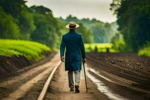 a man in a blue suit and hat walks down a dirt road. AI-Generated photo