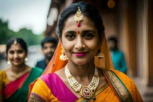 un mujer en un sari con joyería y un sonrisa. generado por ai foto