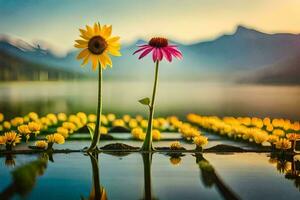 dos girasoles son en pie en un lago con montañas en el antecedentes. generado por ai foto