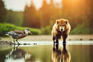 un oso y un pájaro en pie en el agua. generado por ai foto
