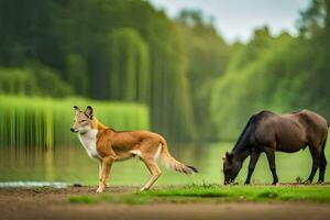 un caballo y un perro en pie siguiente a cada otro. generado por ai foto