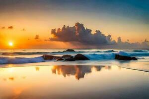 puesta de sol en el playa, ondas, rocas, nubes, agua, cielo, hd fondo de pantalla. generado por ai foto