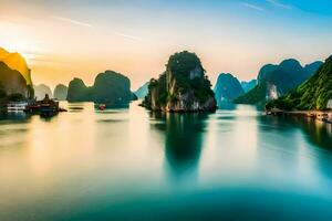 the sun sets over the water in halong bay. AI-Generated photo