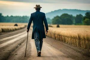 un hombre en un traje camina abajo un suciedad la carretera. generado por ai foto