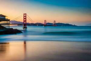 el dorado portón puente a puesta de sol en san francisco generado por ai foto