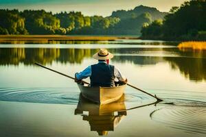 a man in a hat paddles a canoe on a lake. AI-Generated photo