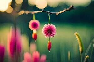 pink flowers hanging from a branch in a field. AI-Generated photo