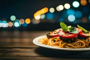 a plate of pasta with tomatoes and basil on a wooden table. AI-Generated photo
