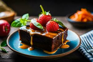 chocolate cake with strawberries and caramel sauce on a blue plate. AI-Generated photo