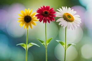 three colorful flowers are standing in front of a blurred background. AI-Generated photo
