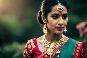 un hermosa indio mujer vistiendo tradicional joyas. generado por ai foto