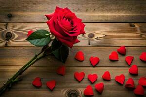 red rose on a wooden table with hearts. AI-Generated photo