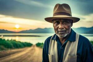 an older man wearing a hat and vest standing on a dirt road. AI-Generated photo