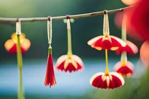 red flowers hanging from a tree branch. AI-Generated photo