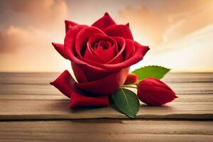 a red rose is sitting on a wooden table. AI-Generated photo