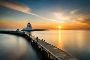 a long exposure photograph of a lighthouse at sunset. AI-Generated photo