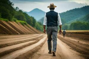 un hombre en un sombrero y chaleco caminando abajo un suciedad la carretera. generado por ai foto