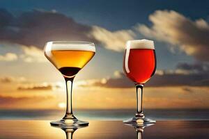 two glasses of alcohol are on a table with the sun setting behind them. AI-Generated photo