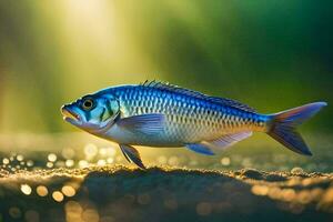 un pescado es en pie en el arena con luz de sol brillante. generado por ai foto