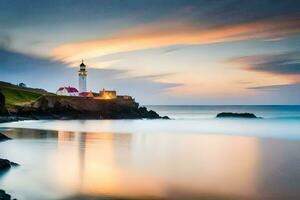 a lighthouse sits on the shore of a body of water. AI-Generated photo