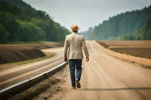 un hombre en un traje y sombrero camina abajo un suciedad la carretera. generado por ai foto