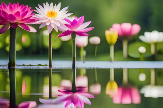 rosado loto flores en agua con reflexión. generado por ai foto