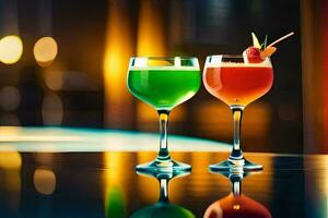 two glasses of colorful cocktails on a table. AI-Generated photo
