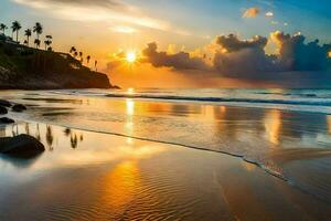 el Dom conjuntos terminado el Oceano y el playa en esta hermosa foto. generado por ai foto