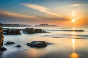 the sun sets over the ocean in this photo. AI-Generated photo