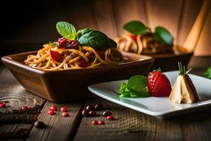 two bowls of spaghetti with strawberries and basil. AI-Generated photo