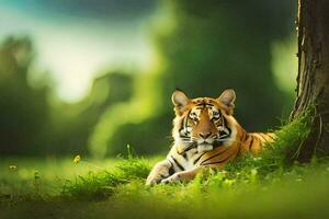 a tiger sitting in the grass near a tree. AI-Generated photo