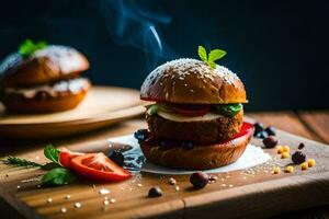 two hamburgers on a wooden cutting board. AI-Generated photo