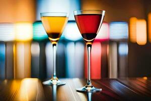 two glasses of wine on a table with blurred lights. AI-Generated photo