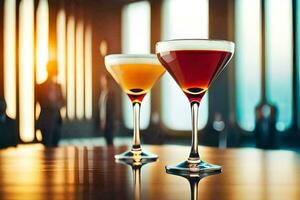 two glasses of alcohol on a table. AI-Generated photo