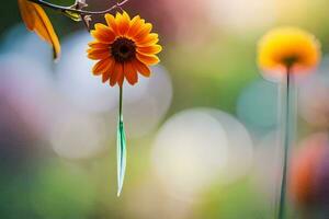 un soltero naranja flor es en pie en frente de un borroso antecedentes. generado por ai foto