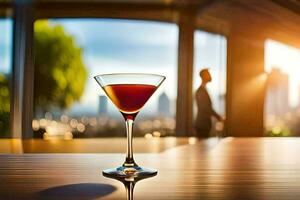 a cocktail sitting on a table in front of a cityscape. AI-Generated photo