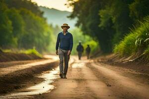 a man walking down a dirt road with trees and grass. AI-Generated photo