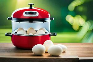 a red and white electric pressure cooker with eggs. AI-Generated photo