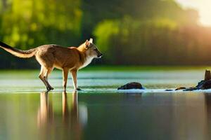 a kangaroo standing on the edge of a lake. AI-Generated photo
