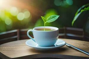 a cup of tea with a green leaf sprouting from it. AI-Generated photo