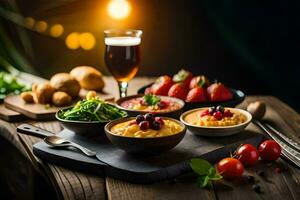 comida en un de madera mesa con un vaso de cerveza. generado por ai foto