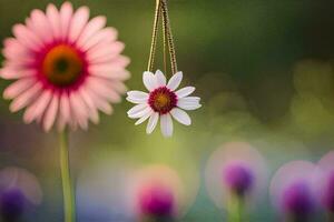 a flower hanging from a necklace in front of a field of flowers. AI-Generated photo